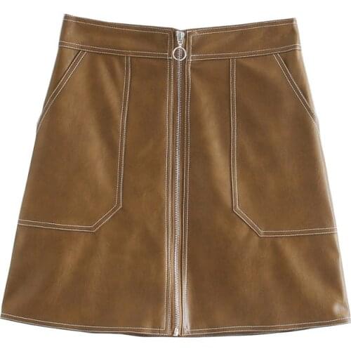 2020 Autumn Winter Women Casual A-Line Faux Leather PU Mini Skirts Office Lady Summer High Waist Zipper Pockets Solid Skirt