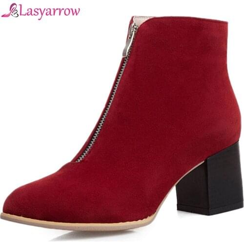 Lasyarrow 2019 high quality Flock square Heels Autumn Boots Women Shoes Zip Up leisure elegant Shoes Woman Boots Female J1010