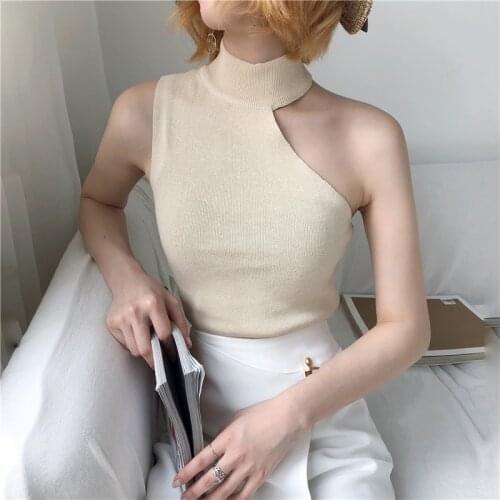 Women Knitted Sweater Off Shoulder Sleeveless Pullovers Turtleneck Jumper Black White Beige Sexy Clothing