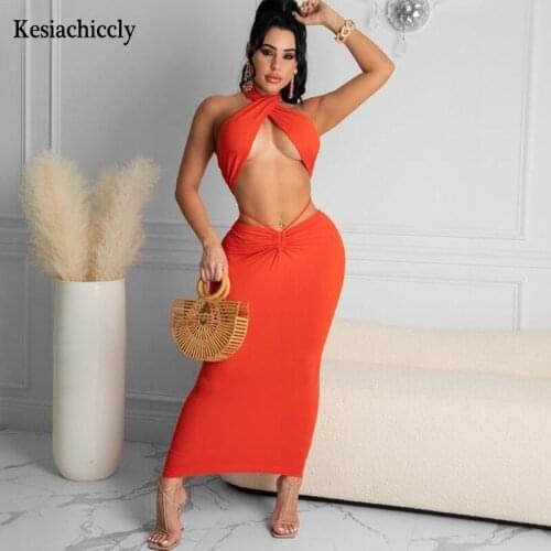 Kesiachiccly Elegant Halter Sexy Backless Wrap Womens Maxi Dress Holiday Summer 2021 Sundress Cut-Out Bandage Solid Long Dress