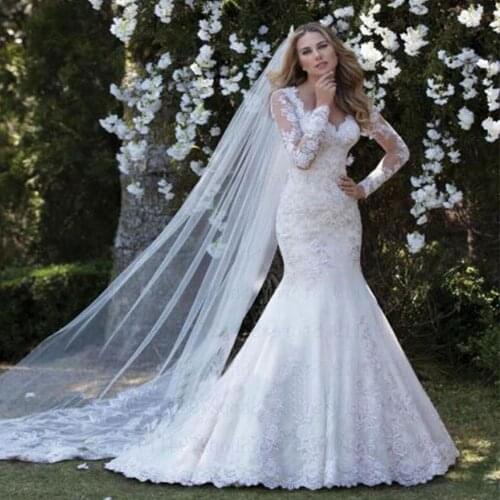 WUZHIYI Ivory Appliques Illusion Buttons Back Mermaid Wedding Dress Boho Plus Size V Neck Long Sleeves Elegant Bridal Gowns 2021