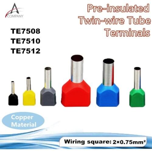 100PCS TE7512 Wire Ferrules Sleeve Double Cord End Terminal Copper Insulated Crimp Splice Terminal For 2 X 0.75mm2