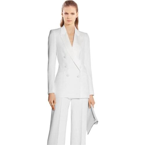 2019 White Formal Elegant Womens Slim Fit 2 Pieces Suits Women Charming Peaked Lapel Office Fashion Ladies Suits Traje Mujer