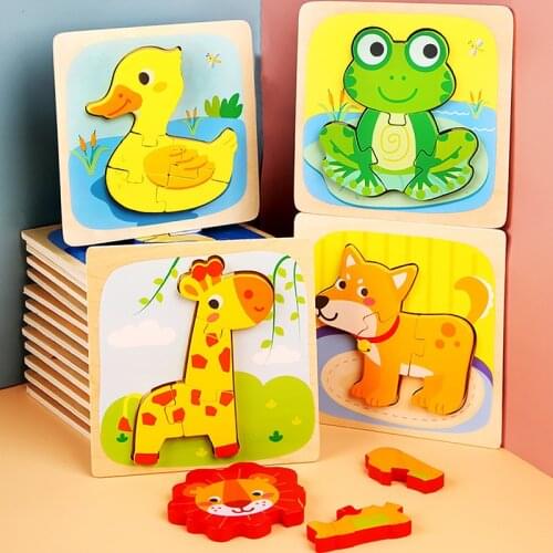 Cartoon Animal Wooden 3D Puzzle Baby Montessori Toys Toddlers Educational Traffic Jigsaw Puzzles For Kids 1 2 3 Years Boys Girls