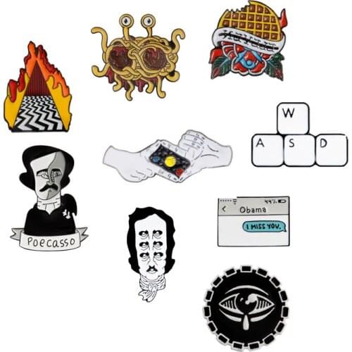 Brooch and Pin Waffles Flying Spaghetti Monster Edgar Allan Keyboard Shooting Gesture Text Message Enamel Pins Badges Wholesale