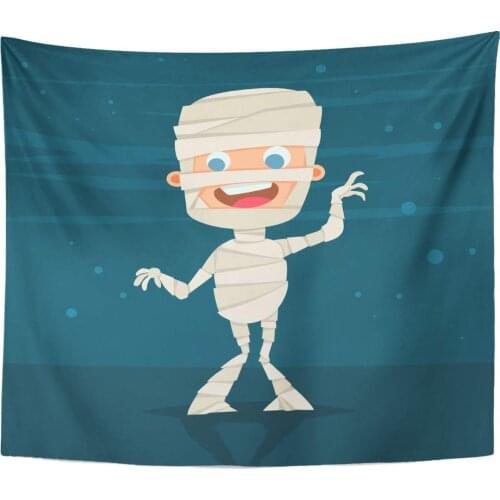 Halloween Kids Costume of Cute Mummy on Blue Abstract Cartoon Flat Children Character for Holiday Home Decor Tapestry Wall Hangi