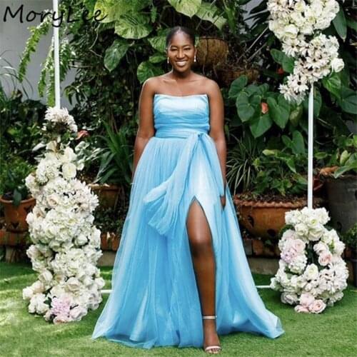 Baby Blue Bridesmaid Dresses Scoop Floor Length Soft Tulle A-Line Side Slit Bridesmaid Dress Wedding Party Dresses With Zipper
