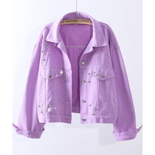 Fashion Diamonds Denim Jacket Women Outwear Autumn Loose Pink Purple White Black Short Jeans Jacket Coat Female Chaquetas Mujer