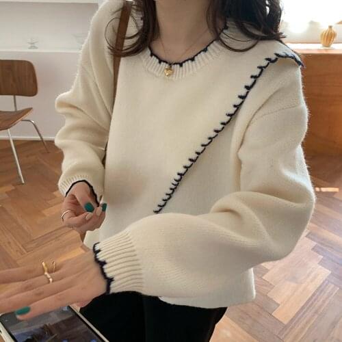 Elegant Chic Knitted Sweater Women O-Neck Contrast Loose Split Long Sleeve Pullover Office Lady Vogue Knitwear Tender Casual