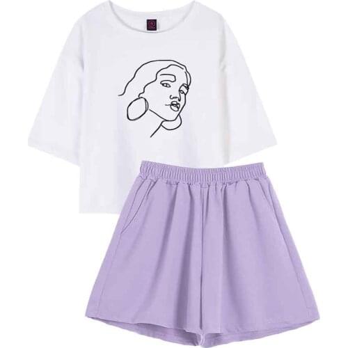 Line Graphic T Shirts Women Sleepwear Women Cotton Tops+Pants Lounge Wear Tracksuit Sleepwear Set Casual Tops Two Piece Outfits