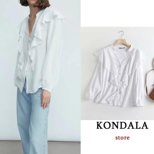 KONDALA Za 2021 Women Chic White Casual Shirts Women Fashion Autumn Ruffles Office Lady Blouses Elegant Mujer Tops