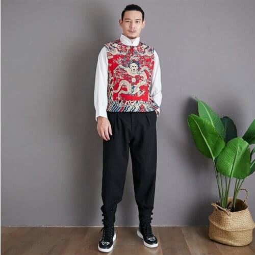 Dignified literature fine workmanship breathable soft cotton linen Slim retro print dragon silver button embellished man vest