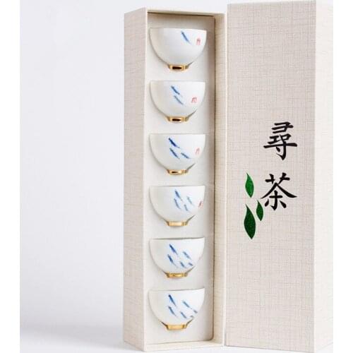 6 pieces set gift box set Small tea cups Ceramic Pu'er Kung fu tea cups hand painted lotus thin tires tea mouth cup