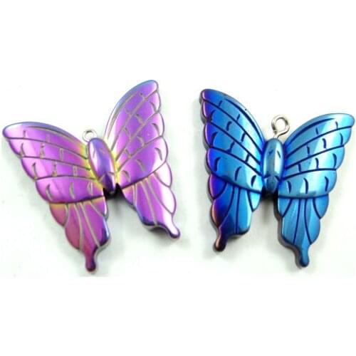 Natural Quartz crystal Titanium Hematite hand-Carved butterfly Gem pendant for diy jewelry making necklace Accessories2pcs P20