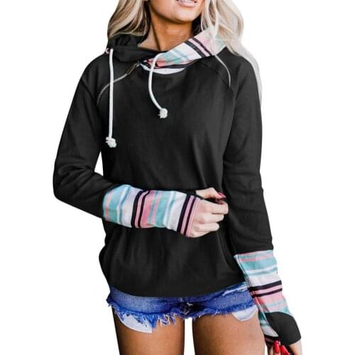 Autumn Women Casual Hoodie Sweatshirt Vintage Printing Stitching Long Sleeve Zipper Loose Elastic Fall Pullover Tops Streetwear