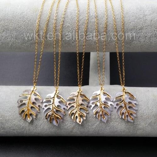 WT-N917 Wholesale custom Carved Leaf Season Shell Pendant Necklace,Natural Sea Shell With Gold Electroplated Charm Necklace