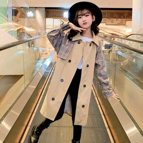Teen Girls Trench Coat with Sashes New Arrival 2021 Autumn Plaid Patchwork Long Jackets Children Double-Breasted Khaki Outerwear