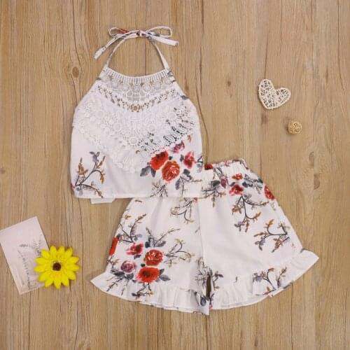 Girls Casual Two-piece Clothes Set, White Floral Printed Pattern Lace Halter Neck Backless Vest and Shorts Summer