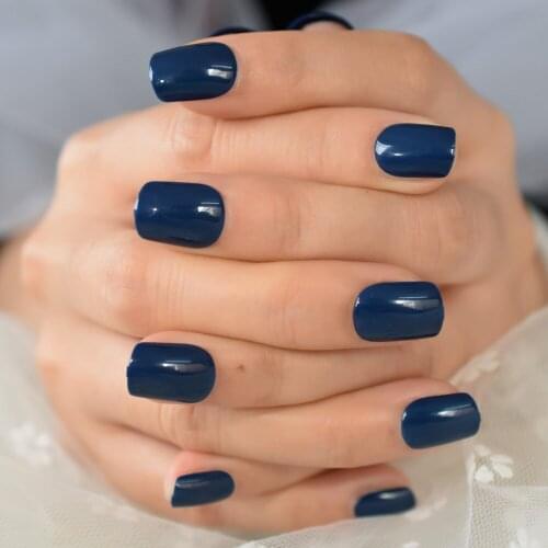 Deep Blue Nail Stickers Medium False Nails Glossy Surface Squoval Shape Press On Nail Tips