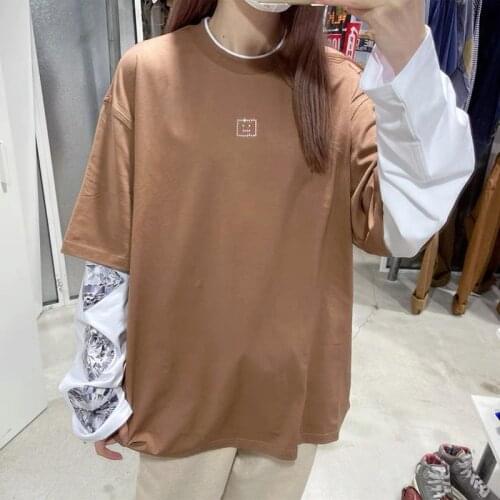 2021 Autumn Women T-Shirt Face Smiley Printed Hot Diamond Printed Ladies Fake Two-Piece Shirt Casual Long-Sleeved Tee Tops