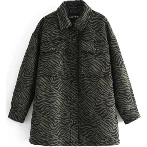 2020 Autumn And Winter New Womens Army Green Loose Pocket Mid-Length Retro Animal Print Shirt Jacket