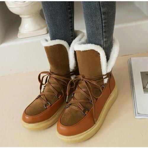 Women Boots Warm Winter Fashion Comfort Flat with Thick Sole Platform Ankle Lace Up Plush Snow Boots Shose Women Plus Size 43