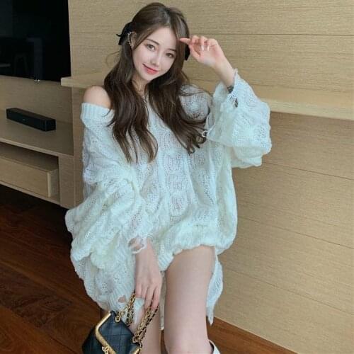 Korean Womens Lazy Wind Ripped Holes Long Knitted Sweater Flared Sleeves Irregular Sweater Dress Hollow Out Loose Pullover Tops