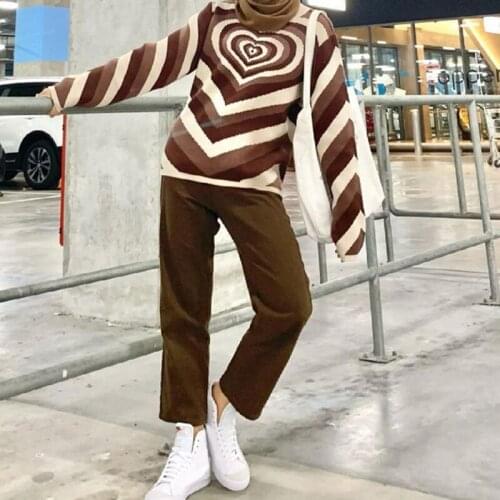 Women Long Sleeve Sweater Harajuku Heart Print Jumpers Mock Neck Knitwear Tops