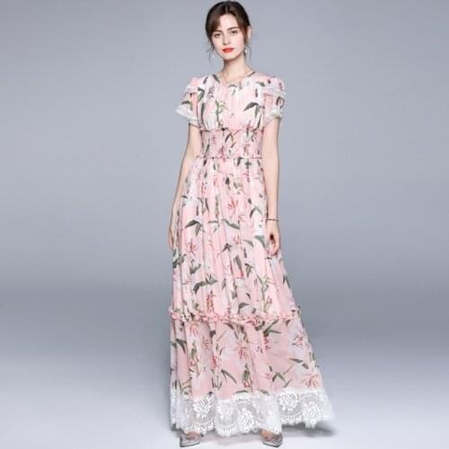 2021 Summer Runway Floral Patchwork Lace Chiffon Pink Maxi Dress Women Short Sleeve Elegant Lilies Printed Beach Boho Sundresss