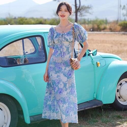 Fashion Summer Korean Vintage Puff Sleeve Maxi Party Dress Ladies Elegant Robe Casual Square Collar Floral Print Vacation Dress
