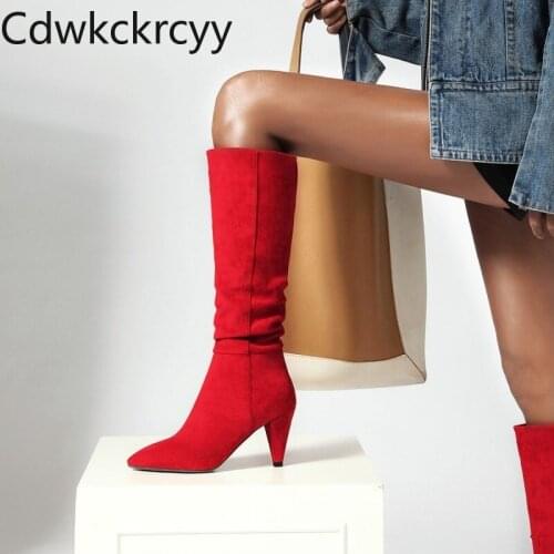 Winter The New fashion Pointed Thick heel Tall tube long Boots red Sexy Plus cashmere Keep warm High heel Women boots size 34-43