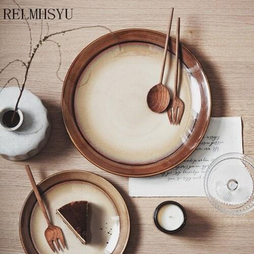 1PC RELMHSYU European Style Retro Ceramic Round Shallow Fish Dish Steak Flat Dinner Plate Household Restaurant Hotel Tableware