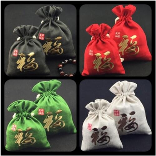 Chinese Embroidery Fu Large Christmas Gift Bags for Jewellery Pouches Drawstring Cotton Linen Wedding Party Gift Bags 10pcs/lot