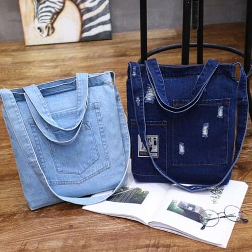 Denim Womens Ripped Shoulder Bag Fashion High-Capacity Denim Shopping Bag Casual Handbag Student Bag