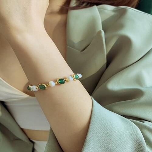 Elegant Freshwater Pearl Green Crystal Bracelet For Women Sweet Fashion Charm Jewelry Adjustable Korean Wristband Hand Ring