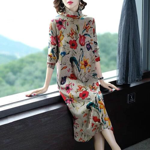 Fleece Thicken Turtleneck Autumn Winter Dress Women Tunic Shirt Dress Long Sleeve Ladies Clothes Floral Print Casual