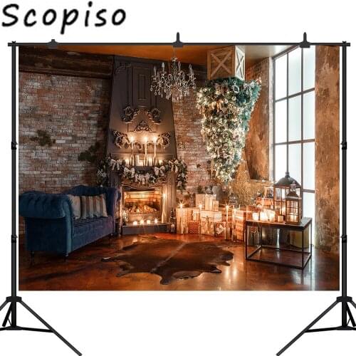 Scopiso Photography Backdrops Christmas Backdrop Trees Gifts Fireplace brick wall Decorations Studio Photo Prop Backgrounds