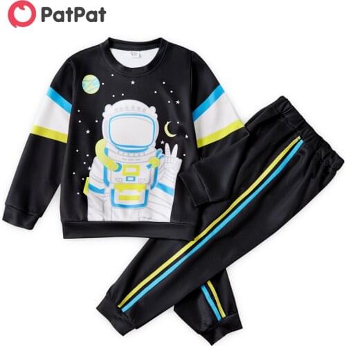 PatPat 2-piece Kid Boy Astronaut Star Moon Print Colorblock Long-sleeve Top and Striped Elasticized Pants Set