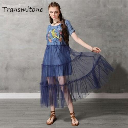 Summer Sexy Mesh Dress 2019 Vintage Women Denim Dresses Tiger Embroidery Chiffon Patchwork Vestido O-neck Dress KE82176