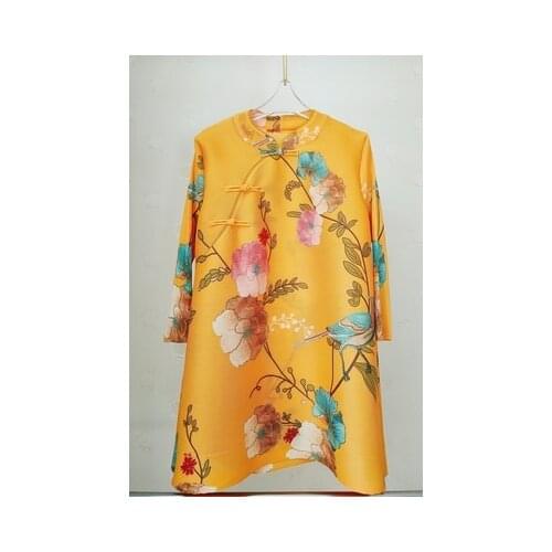 HOT SELLING Miyake 9 minutes of sleeve chinese style printing fold Side fork button long T-shirt IN STOCK