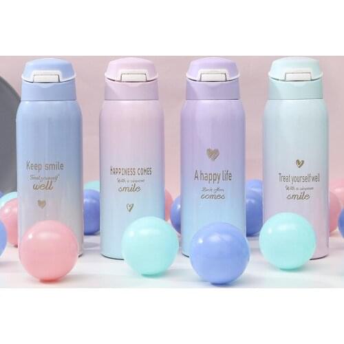 Change color water bottle stainless steel vacuum flask men and women trend bounce lid water cup portable straw pot Straight Cup