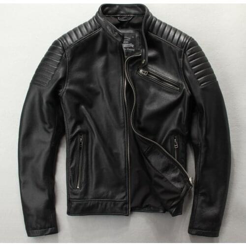 BOMikeRonny Motorcycle Jackets 100% Natural Calf Skin Men Leather Jacket Thick Moto Jacket Winter Sleeve 62-68cm Biker Coat