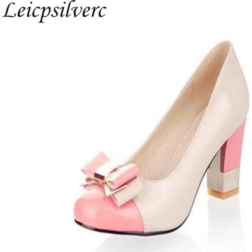 The New Summer and Spring Women Pumps round toe High-Heeled Women Shoes bow color block decoration cute High Heels shoes woman