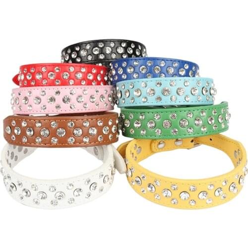 Diamond Dog Collar Soft PU Leather Material Adjustable NecklacePet Dog Cat Collars with 9colors XS S M L Drop shipping