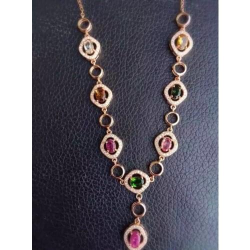 Natural multicolor tourmaline Necklace natural gemstone Pendant Necklace S925 silver trendy Luxury Clouds round women Jewelry