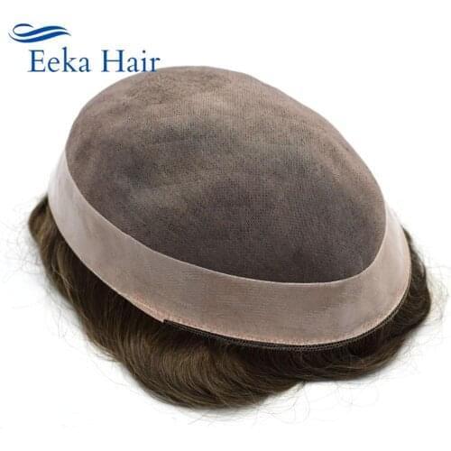 Fine Mono Durable Mens Toupee Natural Poly Around Human Hair Replacement System All Color-Size Medium Density Hairpiece Men Wigs