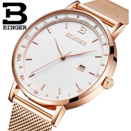 Genuine Luxury BINGER Brand Mens Quartz slim and stylish steel leather watch calendar male waterproof casual ultrathin table