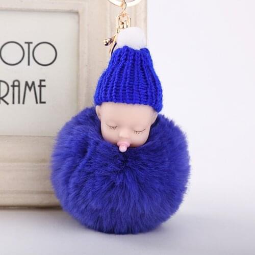 Sleeping Baby Doll Plush Nipple Doll Keychain Car Keyring Fake Rabbit Fur Ball Key Chain Pendant Keychain Gift for Girl Women