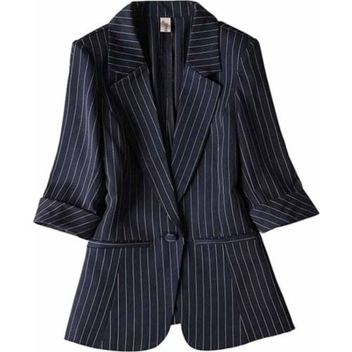 Spring Summer Striped Suit Women Thin Blazers Jackets Plus size S-7XL Three Quarter sleeve short Outerwear Casual Female G275