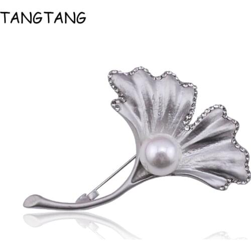 TANGTANG Lotus Leaf Brooch For Women Jewelry Retro Exquisite Elegant Ginkgo Leaf Imitation Pearl Brooch Fashion style Corsage